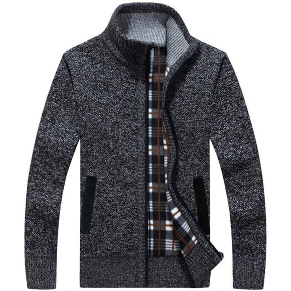 Men Deep-Grey Casual Slim Full Zip Knited Polyester Cardigan Sweater with Pocked - Picture 1 of 5